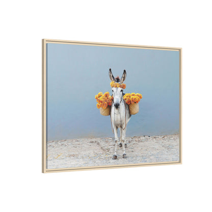 Donkey with Marigolds Framed Canvas Print — Whimsical Farmhouse Wall Art