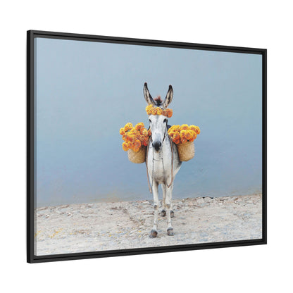 Donkey with Marigolds Framed Canvas Print — Whimsical Farmhouse Wall Art