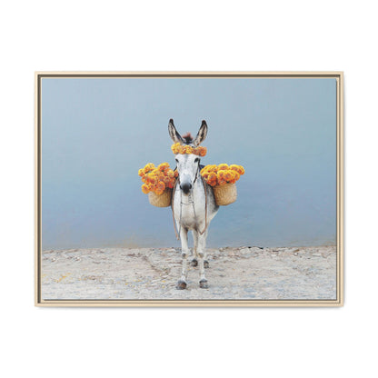 Donkey with Marigolds Framed Canvas Print — Whimsical Farmhouse Wall Art