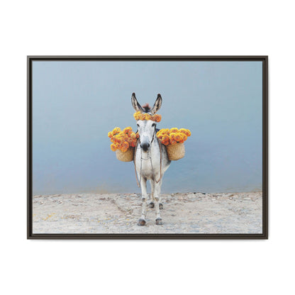 Donkey with Marigolds Framed Canvas Print — Whimsical Farmhouse Wall Art