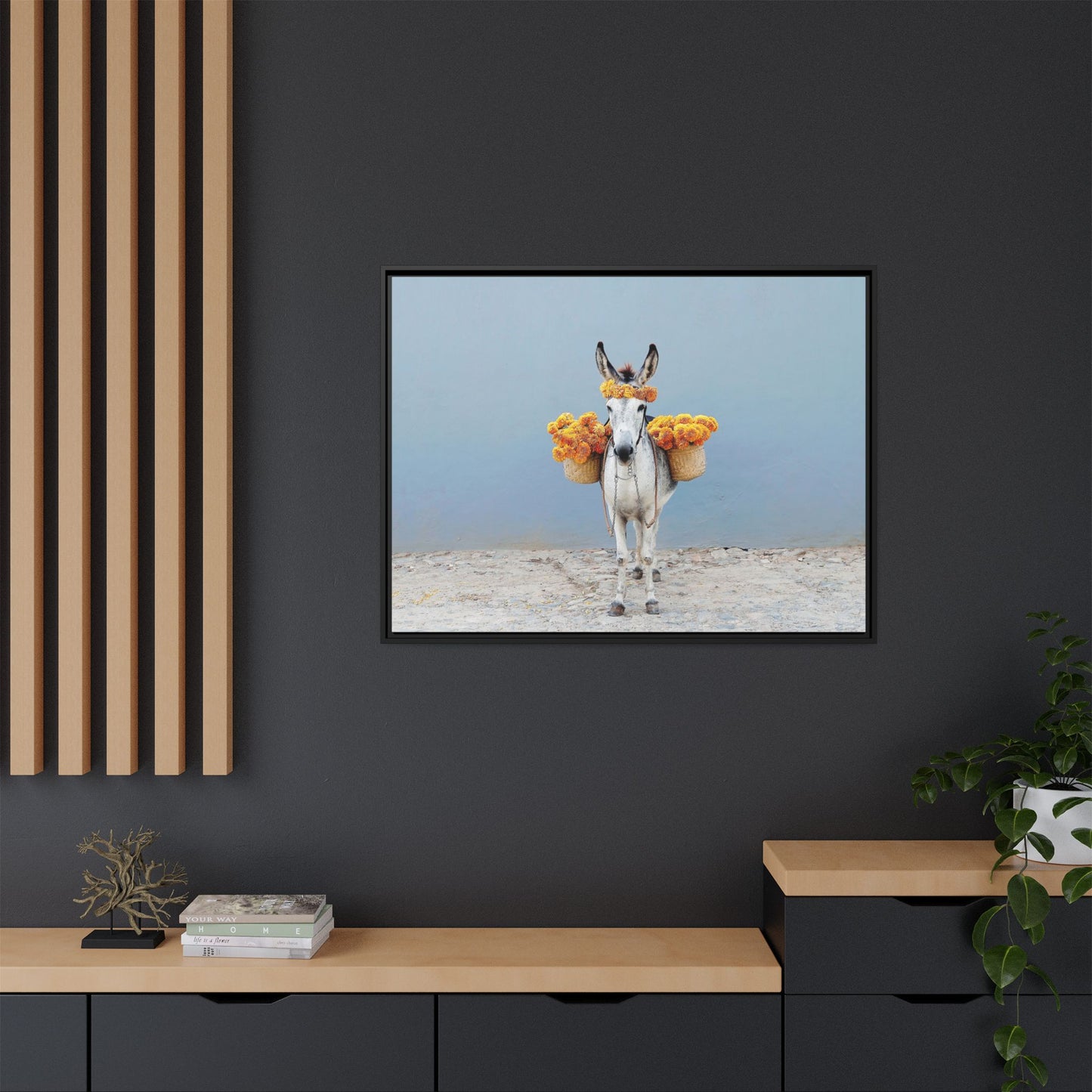 Donkey with Marigolds Framed Canvas Print — Whimsical Farmhouse Wall Art