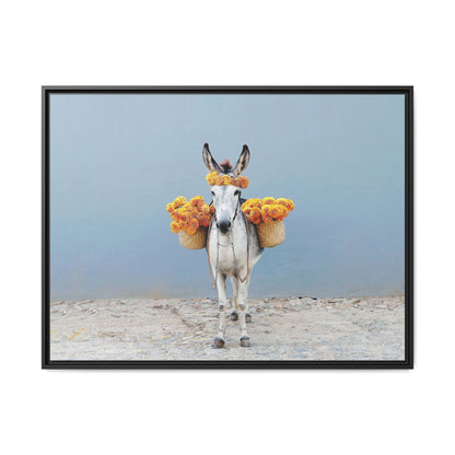 Donkey with Marigolds Framed Canvas Print — Whimsical Farmhouse Wall Art