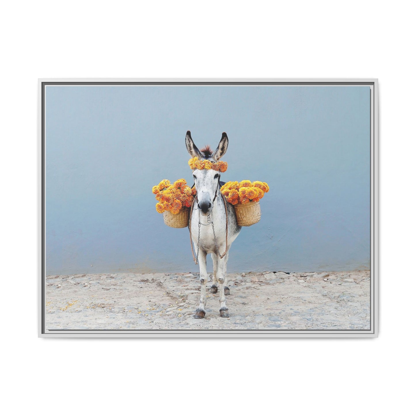 Donkey with Marigolds Framed Canvas Print — Whimsical Farmhouse Wall Art