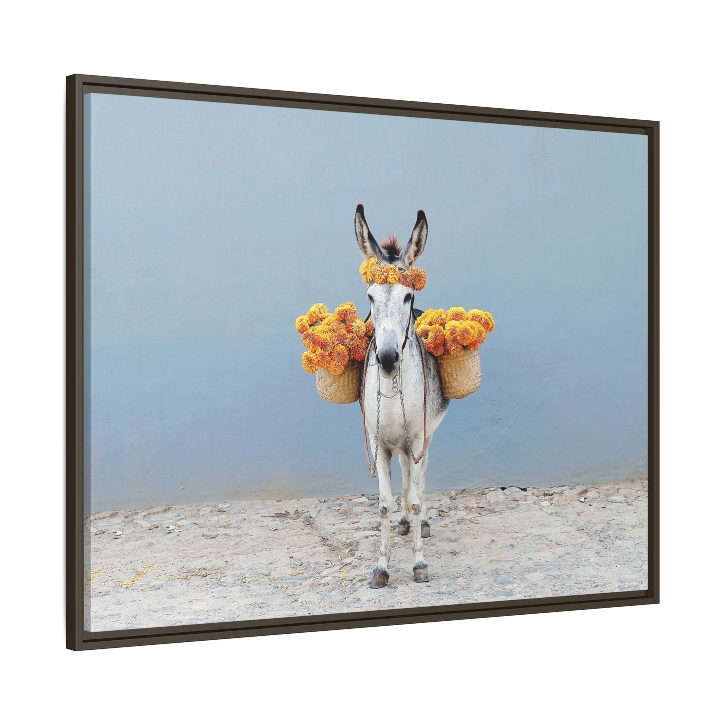Donkey with Marigolds Framed Canvas Print — Whimsical Farmhouse Wall Art
