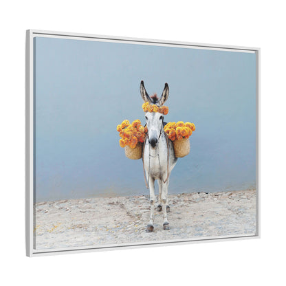Donkey with Marigolds Framed Canvas Print — Whimsical Farmhouse Wall Art