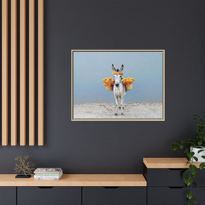 Donkey with Marigolds Framed Canvas Print — Whimsical Farmhouse Wall Art